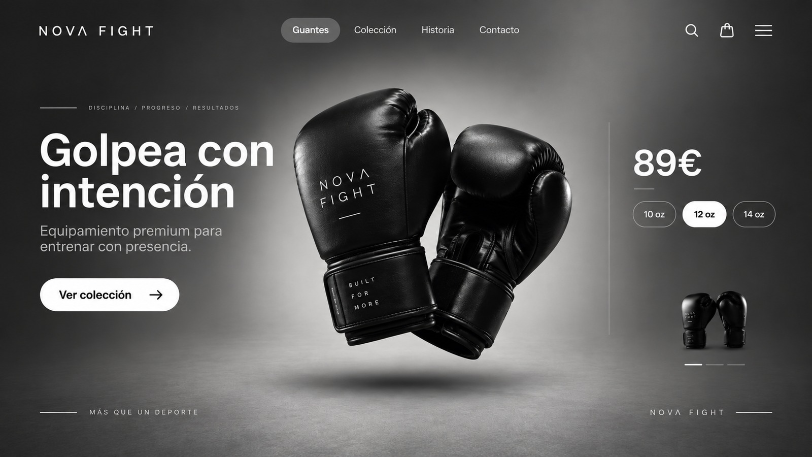 Diseño de landing page de producto con titular, precio y selector de talla
