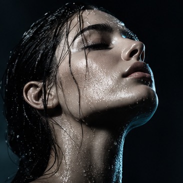 Post 3: Retrato de mujer con la piel mojada bajo luz cian